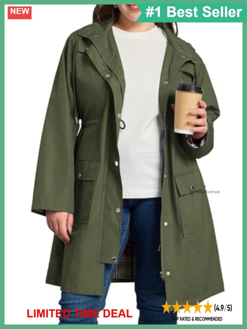 Kikibell Plus Size Raincoat Waterproof Windbreaker Hooded Trench Coat